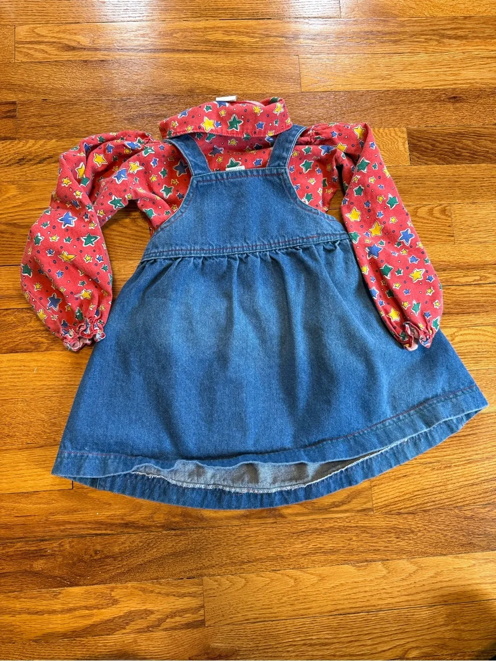 Vintage 90s Clown Denim Overalls Dress, Two Piece Stars Shirt Skirt (Youth 4)